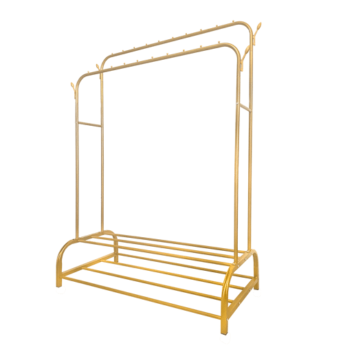 Cabideiro Donkey Premium Maxi 2 Stand Nyana Home 157x110x56cm, 2 prateleiras suspensas, 4 ganchos laterais, 2 prateleiras inferiores Douradas.