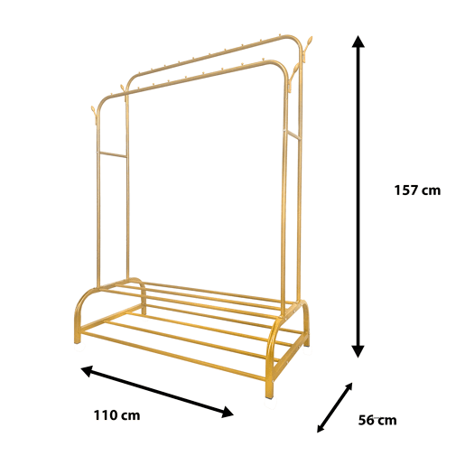 Cabideiro Donkey Premium Maxi 2 Stand Nyana Home 157x110x56cm, 2 prateleiras suspensas, 4 ganchos laterais, 2 prateleiras inferiores Douradas.