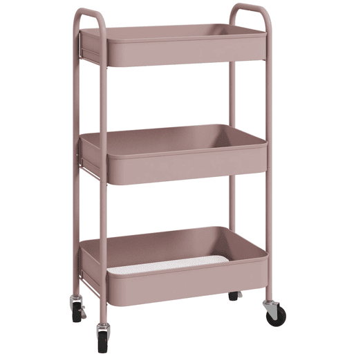 HOMCOM Carrinho Auxiliar de 3 Níveis com Rodas Carrinho de Armazenamento Deslizante com 3 Prateleiras 4 Rodas e 2 Travões para Cozinha Sala 45x30.6x79 cm Rosa