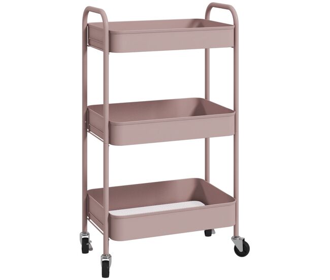 Homcom carrito auxiliar con ruedas de 3 niveles, carrito de cocina con 3 cestas y 2 asas, para baño, dormitorio, oficina, 45x30,6x79 cm, rosa