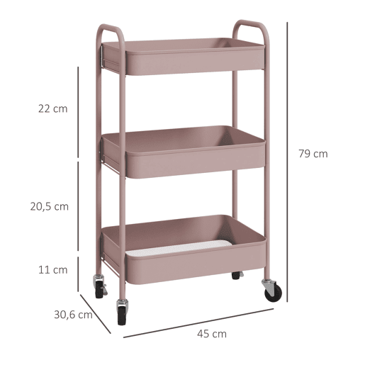 HOMCOM Carrinho Auxiliar de 3 Níveis com Rodas Carrinho de Armazenamento Deslizante com 3 Prateleiras 4 Rodas e 2 Travões para Cozinha Sala 45x30.6x79 cm Rosa
