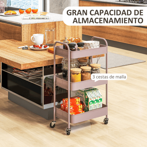 HOMCOM Carrinho Auxiliar de 3 Níveis com Rodas Carrinho de Armazenamento Deslizante com 3 Prateleiras 4 Rodas e 2 Travões para Cozinha Sala 45x30.6x79 cm Rosa