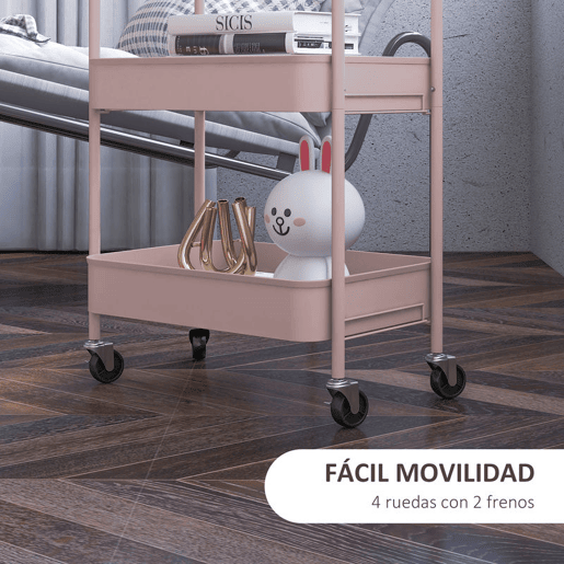 HOMCOM Carrinho Auxiliar de 3 Níveis com Rodas Carrinho de Armazenamento Deslizante com 3 Prateleiras 4 Rodas e 2 Travões para Cozinha Sala 45x30.6x79 cm Rosa