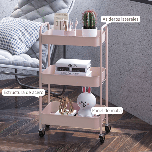 HOMCOM Carrinho Auxiliar de 3 Níveis com Rodas Carrinho de Armazenamento Deslizante com 3 Prateleiras 4 Rodas e 2 Travões para Cozinha Sala 45x30.6x79 cm Rosa