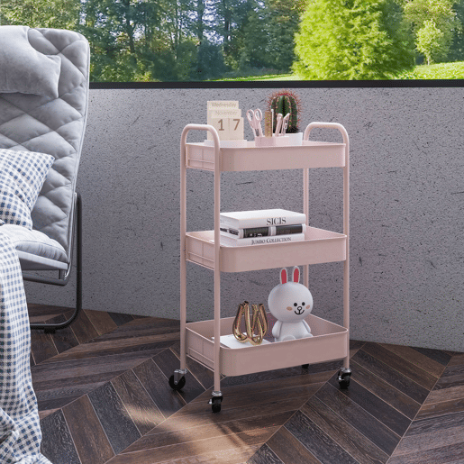 HOMCOM Carrinho Auxiliar de 3 Níveis com Rodas Carrinho de Armazenamento Deslizante com 3 Prateleiras 4 Rodas e 2 Travões para Cozinha Sala 45x30.6x79 cm Rosa