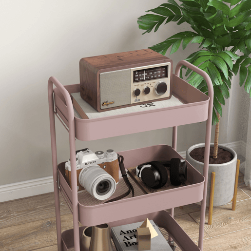 HOMCOM Carrinho Auxiliar de 3 Níveis com Rodas Carrinho de Armazenamento Deslizante com 3 Prateleiras 4 Rodas e 2 Travões para Cozinha Sala 45x30.6x79 cm Rosa
