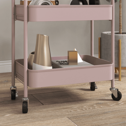 HOMCOM Carrinho Auxiliar de 3 Níveis com Rodas Carrinho de Armazenamento Deslizante com 3 Prateleiras 4 Rodas e 2 Travões para Cozinha Sala 45x30.6x79 cm Rosa