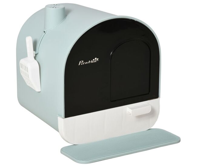 Pawhut arenero cerrado para gatos, caja de arena para gatos con bandeja extraíble, pala, alfombrilla antirrastreo y filtro para control de olores, puerta abatible, fácil de limpiar, 43x44x47 cm, verde
