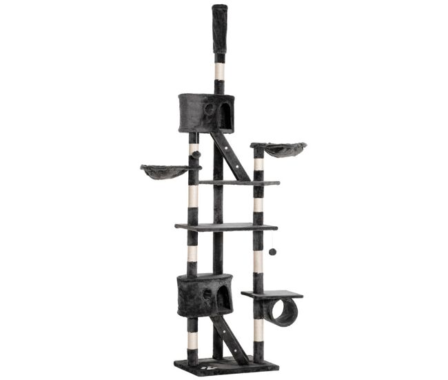 Pawhut árbol para gatos de suelo a techo de 240-260 cm árbol rascador para gatos con altura ajustable múltiples plataformas cuevas cestos y rampas gris oscuro