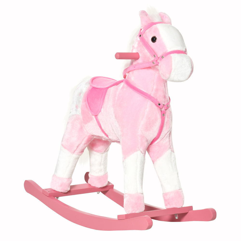 Homcom caballito balancín de felpa suave para niños de 3-6 años con sonidos de relincho 74x28x65 cm rosa