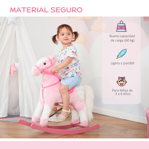 HOMCOM Cavalo Baloiço de Pelúcia para Crianças entre 3-6 Anos com Sons de Relincho 74x28x65 cm Rosa HOMCOM Cavalo Baloiço de Pelúcia para Crianças entre 3-6 Anos com Sons de Relincho 74x28x65 cm Rosa