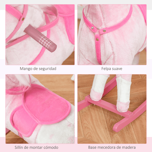 HOMCOM Cavalo Baloiço de Pelúcia para Crianças entre 3-6 Anos com Sons de Relincho 74x28x65 cm Rosa HOMCOM Cavalo Baloiço de Pelúcia para Crianças entre 3-6 Anos com Sons de Relincho 74x28x65 cm Rosa