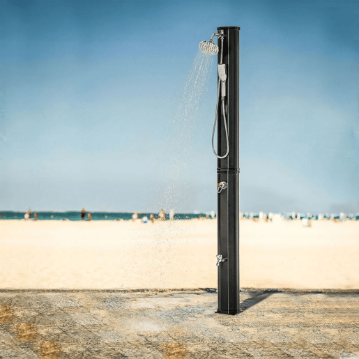Outsunny Duche Solar Exterior 35 L Duche de Jardim com 2 Cabeças de Chuveiro Torneira e Água Quente 0-55? para Piscina Pátio Praia 17,5x14,5x216 cm Preto