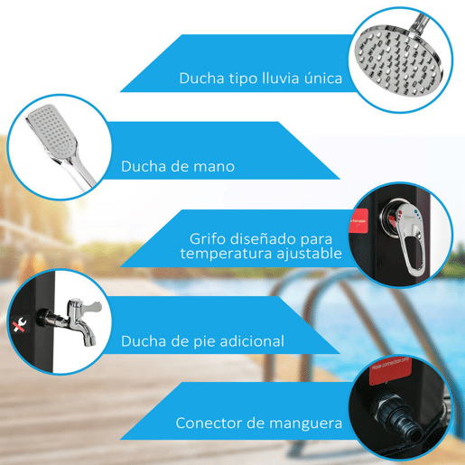 Outsunny Duche Solar Exterior 35 L Duche de Jardim com 2 Cabeças de Chuveiro Torneira e Água Quente 0-55? para Piscina Pátio Praia 17,5x14,5x216 cm Preto