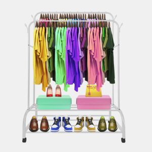 Cabide Donkey Premium Maxi Giro 2 Stand Nyana Home 162x110x57cm, 2 barras suspensas, 4 ganchos laterais, 2 prateleiras inferiores Brancas.