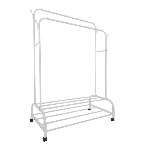 Cabide Donkey Premium Maxi Giro 2 Stand Nyana Home 162x110x57cm, 2 barras suspensas, 4 ganchos laterais, 2 prateleiras inferiores Brancas.