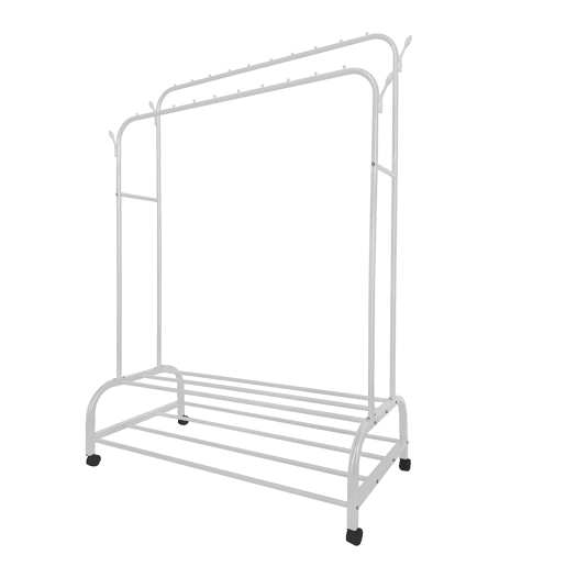 Cabide Donkey Premium Maxi Giro 2 Stand Nyana Home 162x110x57cm, 2 barras suspensas, 4 ganchos laterais, 2 prateleiras inferiores Brancas.