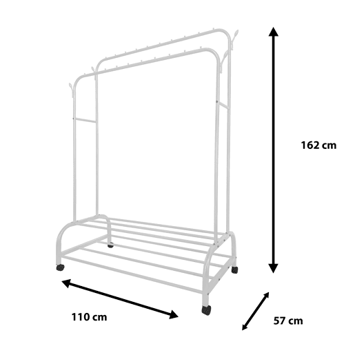 Cabide Donkey Premium Maxi Giro 2 Stand Nyana Home 162x110x57cm, 2 barras suspensas, 4 ganchos laterais, 2 prateleiras inferiores Brancas.