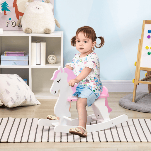HOMCOM Cavalo Baloiço para Crianças de 1-3 Anos Cavalo Baloiço de Madeira com Guiador e Apoio para os Pés Carga Máxima 50kg 68x27x46,5cm Branco e Rosa