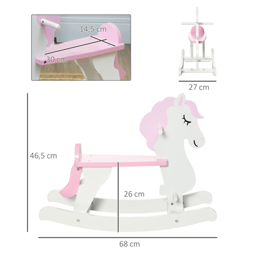 HOMCOM Cavalo Baloiço para Crianças de 1-3 Anos Cavalo Baloiço de Madeira com Guiador e Apoio para os Pés Carga Máxima 50kg 68x27x46,5cm Branco e Rosa