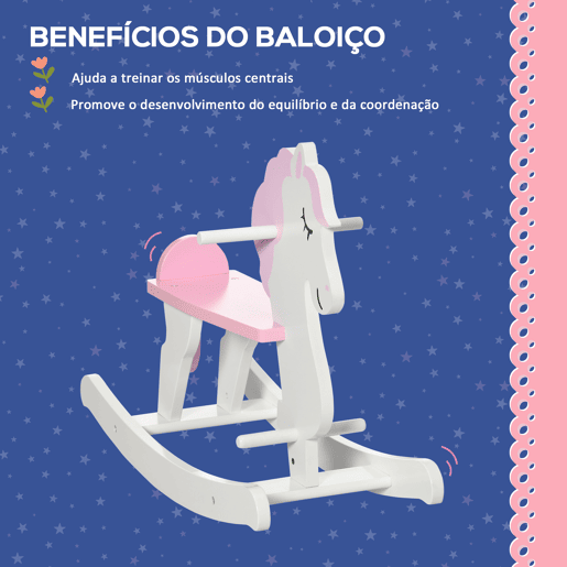 HOMCOM Cavalo Baloiço para Crianças de 1-3 Anos Cavalo Baloiço de Madeira com Guiador e Apoio para os Pés Carga Máxima 50kg 68x27x46,5cm Branco e Rosa
