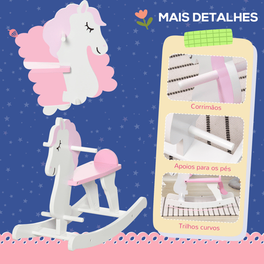 HOMCOM Cavalo Baloiço para Crianças de 1-3 Anos Cavalo Baloiço de Madeira com Guiador e Apoio para os Pés Carga Máxima 50kg 68x27x46,5cm Branco e Rosa