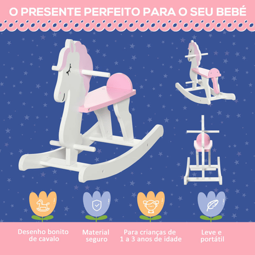 HOMCOM Cavalo Baloiço para Crianças de 1-3 Anos Cavalo Baloiço de Madeira com Guiador e Apoio para os Pés Carga Máxima 50kg 68x27x46,5cm Branco e Rosa
