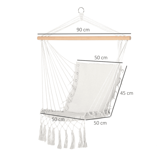 Outsunny Cadeira Suspensa com Borlas Cadeira Rede Suspensa de Algodão Capacidade 120 kg Cadeira Baloiço Estilo Moderno para Interior e Exterior 90x50 cm Bege