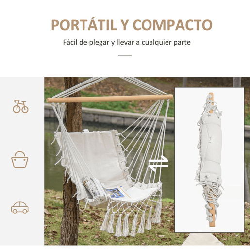 Outsunny Cadeira Suspensa com Borlas Cadeira Rede Suspensa de Algodão Capacidade 120 kg Cadeira Baloiço Estilo Moderno para Interior e Exterior 90x50 cm Bege