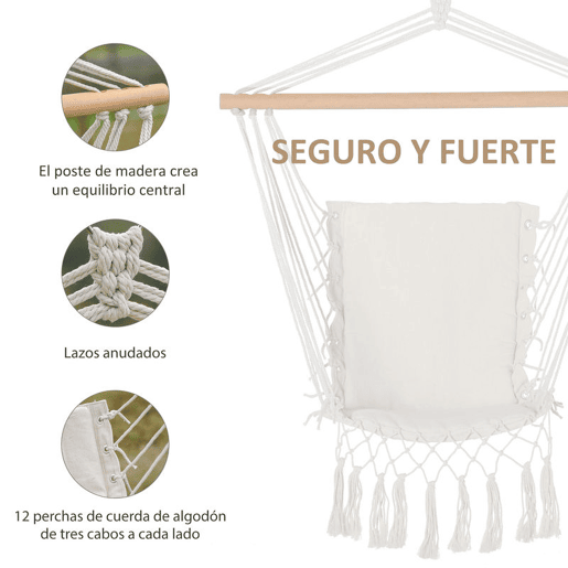 Outsunny Cadeira Suspensa com Borlas Cadeira Rede Suspensa de Algodão Capacidade 120 kg Cadeira Baloiço Estilo Moderno para Interior e Exterior 90x50 cm Bege