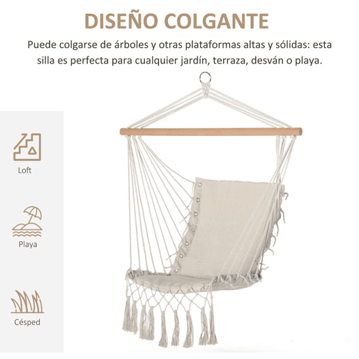 Outsunny Cadeira Suspensa com Borlas Cadeira Rede Suspensa de Algodão Capacidade 120 kg Cadeira Baloiço Estilo Moderno para Interior e Exterior 90x50 cm Bege