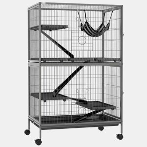 PawHut Gaiola para Roedores 80x52x128 cm Casa de 4 Alturas com Rampas Suspensa Rede Bandeja Removível Rodas Portas Cinza Prateado