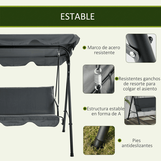Outsunny Baloiço de Jardim de 3 Lugares com Almofada Toldo Ajustável e Estrutura de Aço para Balcão Terraço Patio Carga Máx. 240kg 172x110x153 cm Cinza