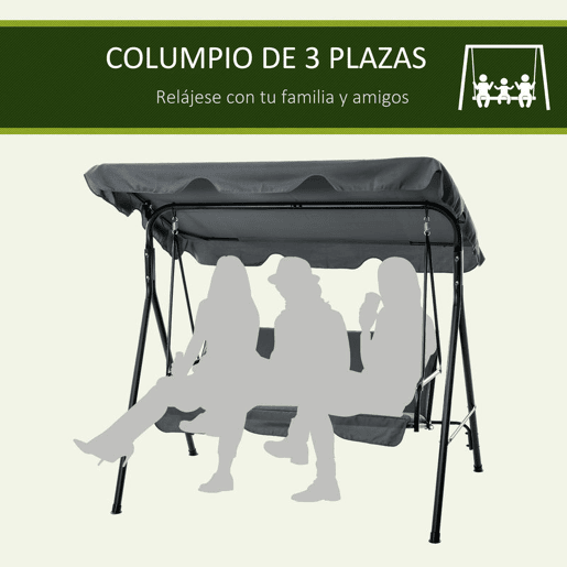 Outsunny Baloiço de Jardim de 3 Lugares com Almofada Toldo Ajustável e Estrutura de Aço para Balcão Terraço Patio Carga Máx. 240kg 172x110x153 cm Cinza
