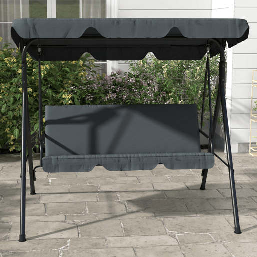 Outsunny Baloiço de Jardim de 3 Lugares com Almofada Toldo Ajustável e Estrutura de Aço para Balcão Terraço Patio Carga Máx. 240kg 172x110x153 cm Cinza