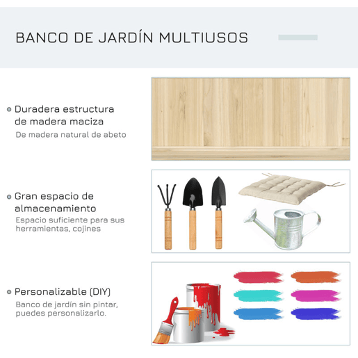 Outsunny Banco de Jardim de Madeira Banco de Exterior com Baú de Armazenamento e Encosto Carga 250 kg para Pátio Terraço Varanda 115x45x75 cm Natural