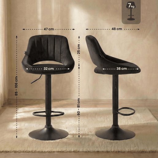 Taburete de bar Milet de terciopelo Negro 48X47X85 cm