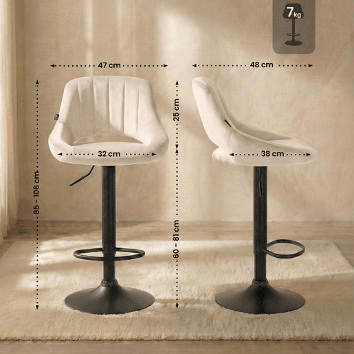 Taburete de bar Milet de terciopelo Crema 48X47X85 cm