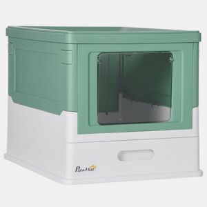 PawHut Caixa de Areia para Gatos Dobrável Caixa de Areia para Gatos Fechada com Cobertura Desmontável Bandeja Removível Teto Rebatível Porta de Entrada e Pá 47,5x35,5x36,7cm Verde