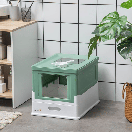 PawHut Caixa de Areia para Gatos Dobrável Caixa de Areia para Gatos Fechada com Cobertura Desmontável Bandeja Removível Teto Rebatível Porta de Entrada e Pá 47,5x35,5x36,7cm Verde