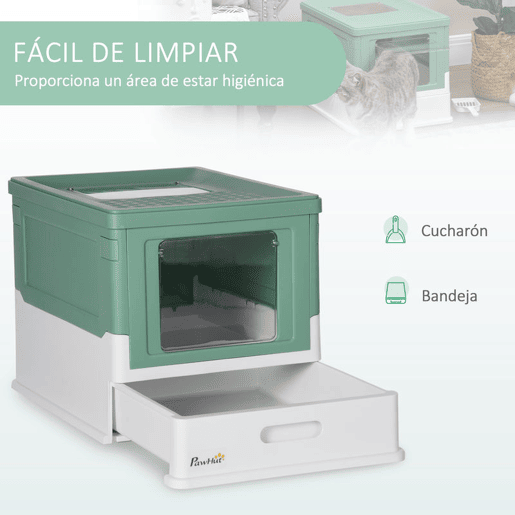 PawHut Caixa de Areia para Gatos Dobrável Caixa de Areia para Gatos Fechada com Cobertura Desmontável Bandeja Removível Teto Rebatível Porta de Entrada e Pá 47,5x35,5x36,7cm Verde