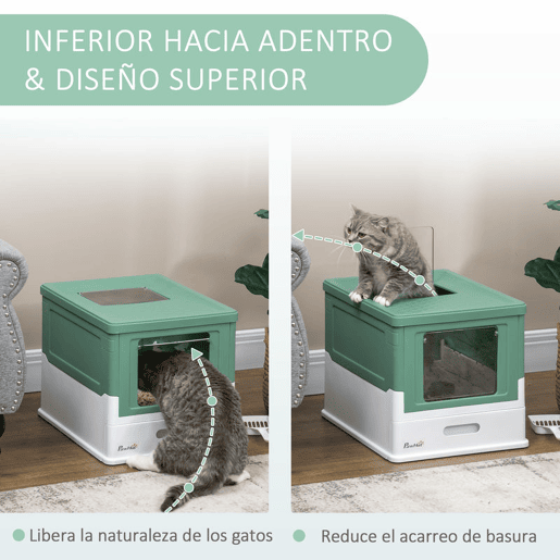 PawHut Caixa de Areia para Gatos Dobrável Caixa de Areia para Gatos Fechada com Cobertura Desmontável Bandeja Removível Teto Rebatível Porta de Entrada e Pá 47,5x35,5x36,7cm Verde