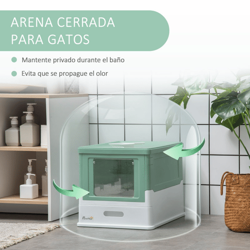PawHut Caixa de Areia para Gatos Dobrável Caixa de Areia para Gatos Fechada com Cobertura Desmontável Bandeja Removível Teto Rebatível Porta de Entrada e Pá 47,5x35,5x36,7cm Verde