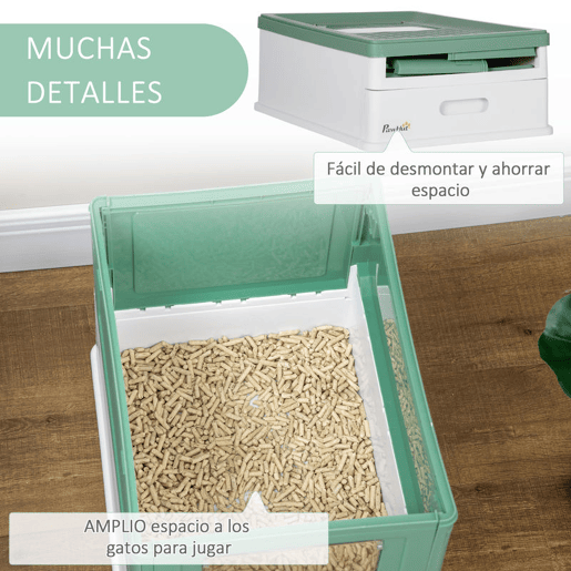 PawHut Caixa de Areia para Gatos Dobrável Caixa de Areia para Gatos Fechada com Cobertura Desmontável Bandeja Removível Teto Rebatível Porta de Entrada e Pá 47,5x35,5x36,7cm Verde