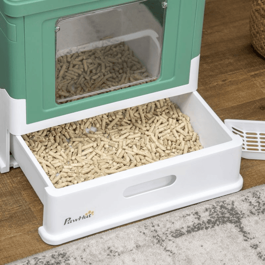 PawHut Caixa de Areia para Gatos Dobrável Caixa de Areia para Gatos Fechada com Cobertura Desmontável Bandeja Removível Teto Rebatível Porta de Entrada e Pá 47,5x35,5x36,7cm Verde