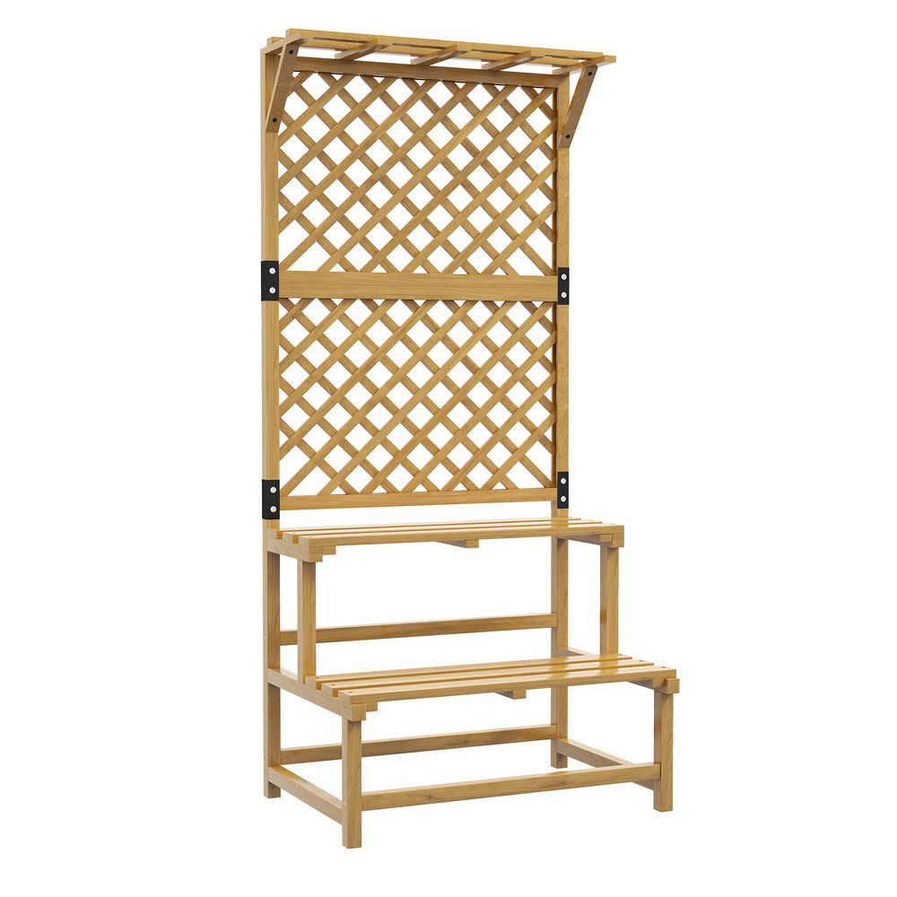 Outsunny soporte para plantas de madera estantería para plantas de 2 niveles soporte para macetas exterior con enrejado para jardín patio terraza 75x50x166 cm natural