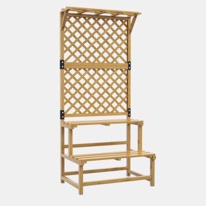 Outsunny Suporte para Plantas de Madeira com Treliça Suporte para Vasos de 2 Níveis para Jardim Pátio Terraço Varanda 75x50x166 cm Natural