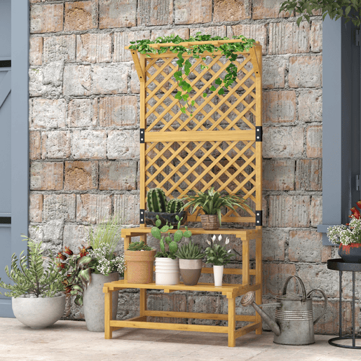 Outsunny Suporte para Plantas de Madeira com Treliça Suporte para Vasos de 2 Níveis para Jardim Pátio Terraço Varanda 75x50x166 cm Natural