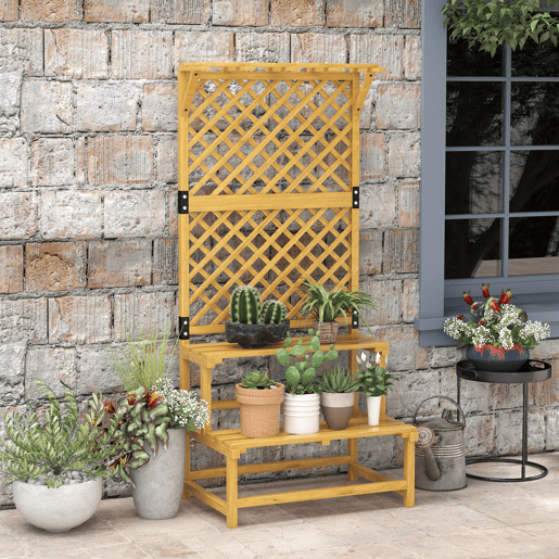Outsunny Suporte para Plantas de Madeira com Treliça Suporte para Vasos de 2 Níveis para Jardim Pátio Terraço Varanda 75x50x166 cm Natural
