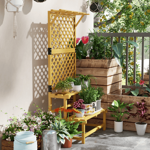 Outsunny Suporte para Plantas de Madeira com Treliça Suporte para Vasos de 2 Níveis para Jardim Pátio Terraço Varanda 75x50x166 cm Natural